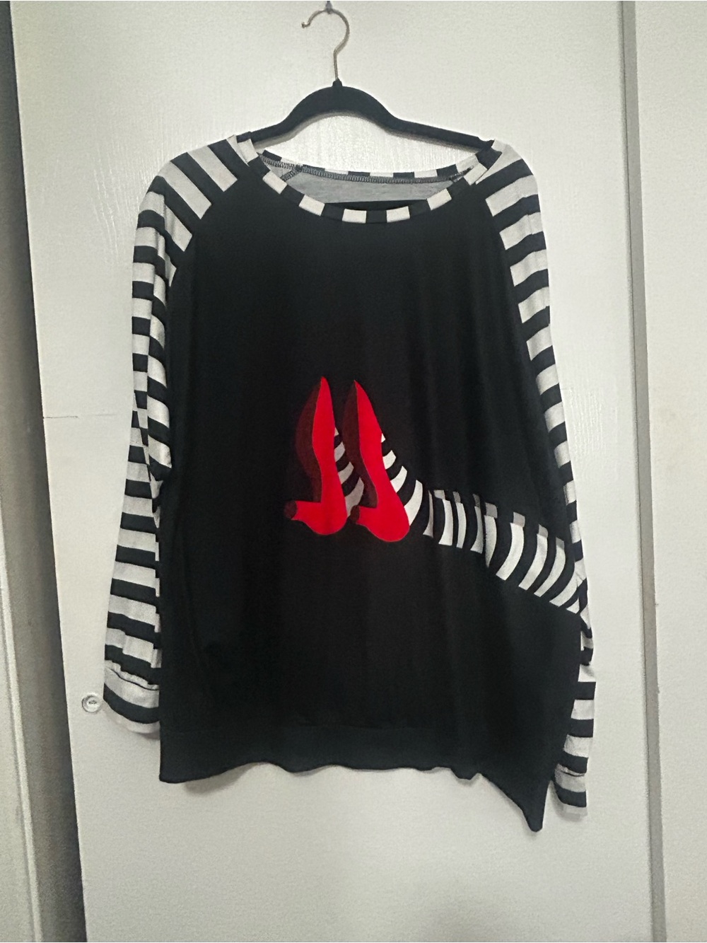 Black Striped Sleeve Top with Red Shoe Graphic
